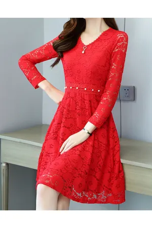 Women Long Sleeve Mid Length Lace Pattern V-Neck Trendy Dress - C290TCD