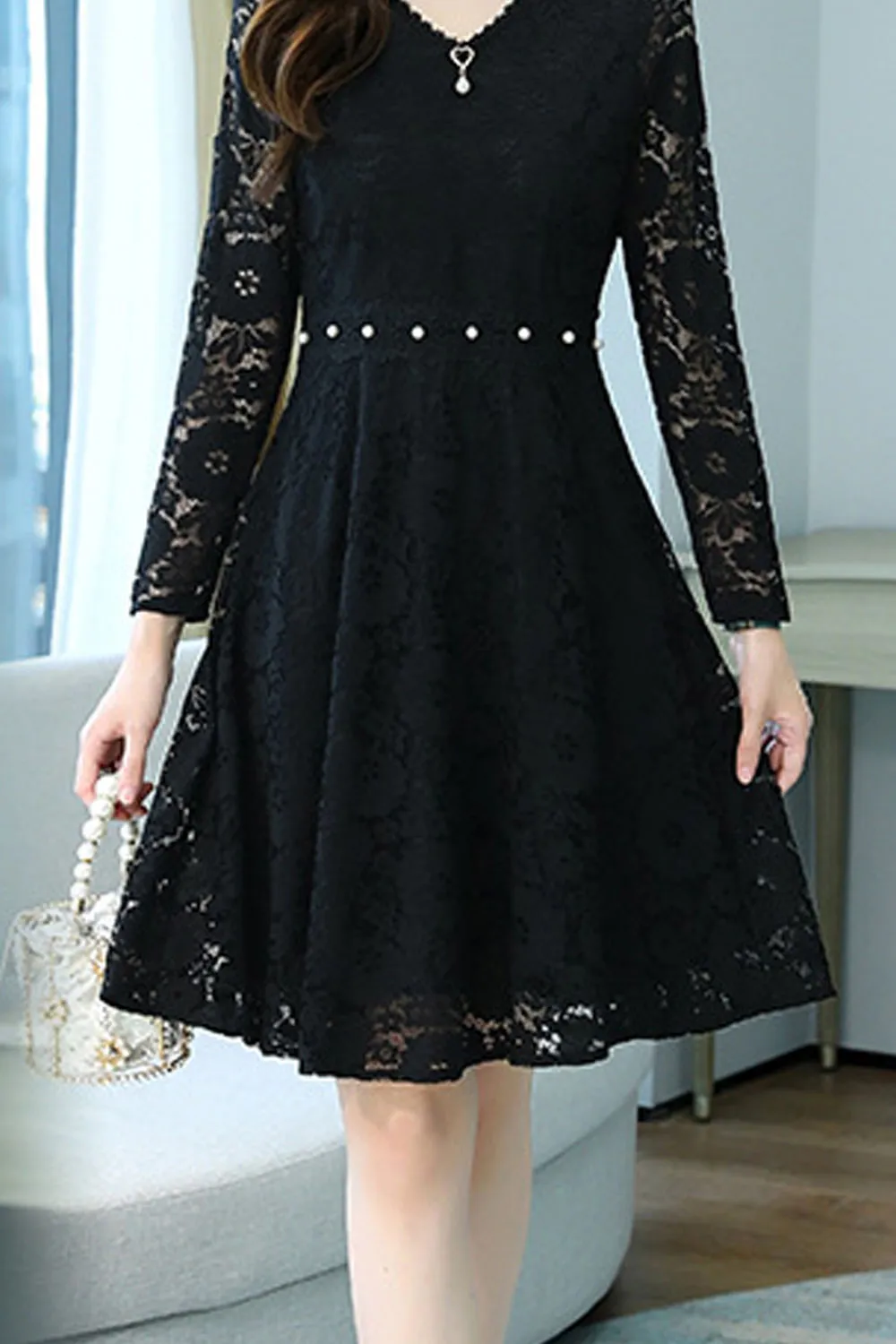 Women Long Sleeve Mid Length Lace Pattern V-Neck Trendy Dress - C290TCD