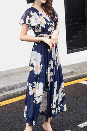 Women Short Sleeve Beautiful Flower Printed Long Length V-Neck Fabulous Thin Dress - C6425ZWD