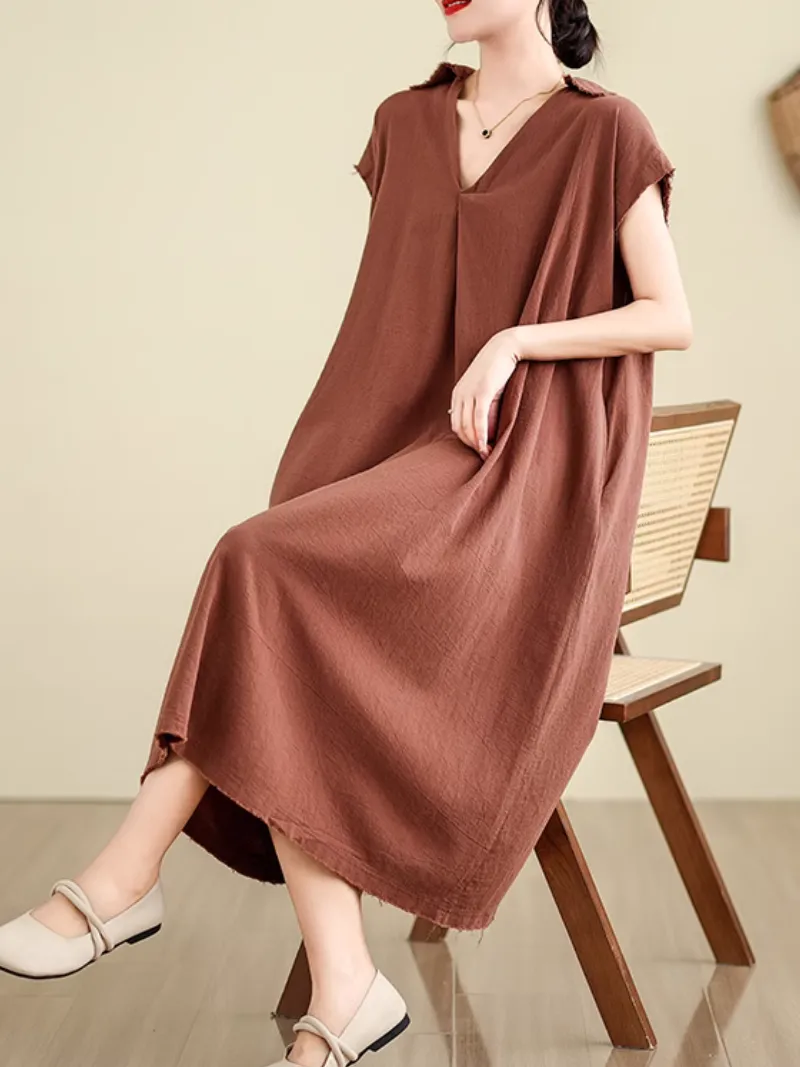 Women's Summer Loose Lazy Stylish V-neck Collar Shirt Dress