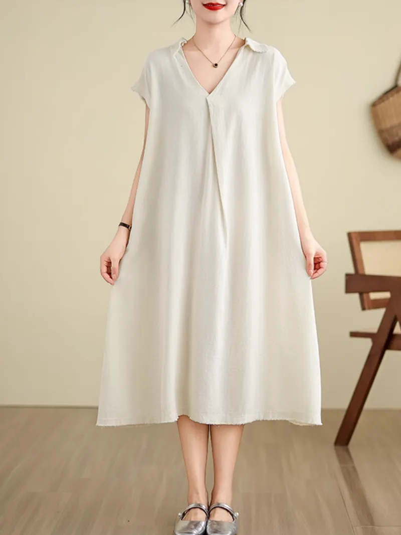 Women's Summer Loose Lazy Stylish V-neck Collar Shirt Dress