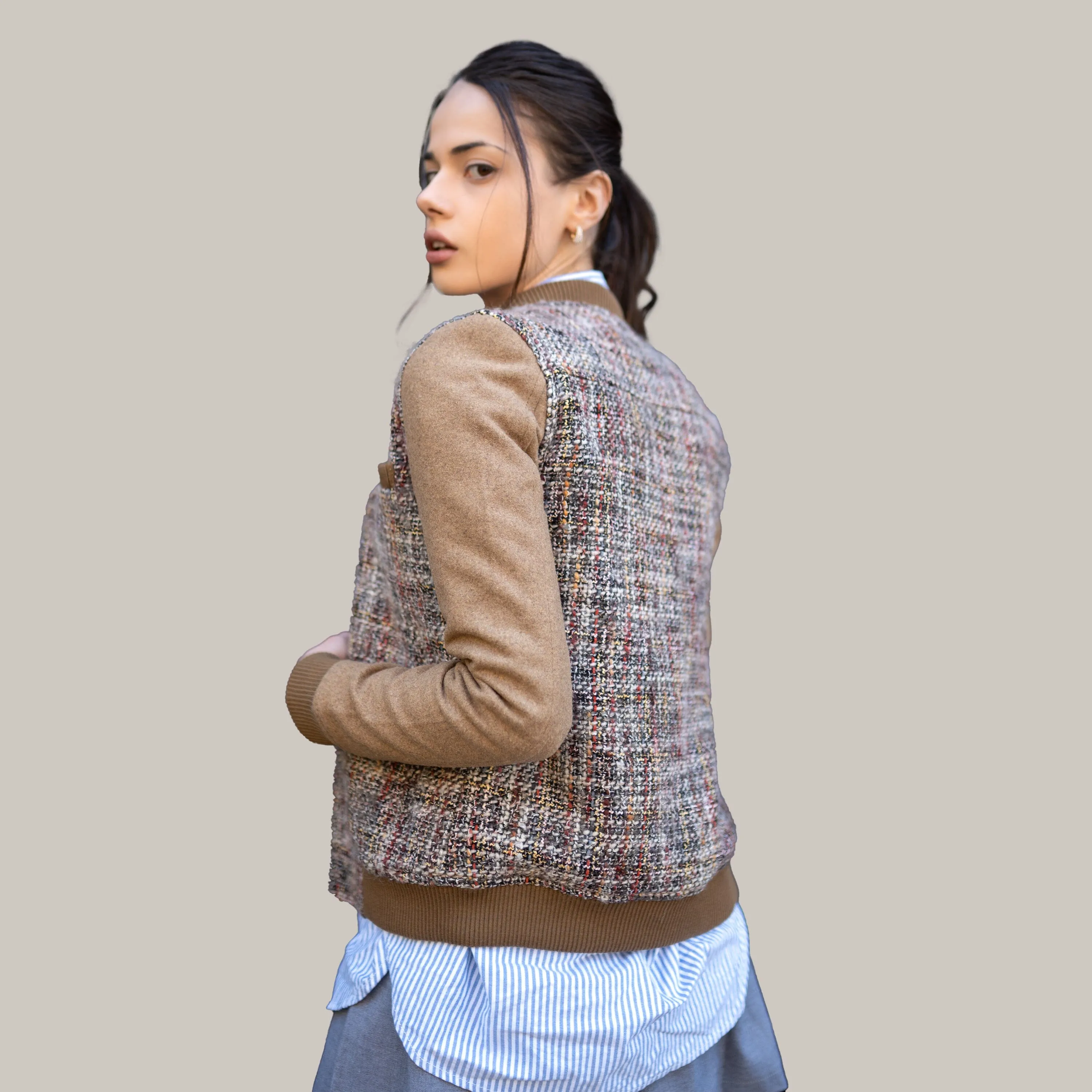 Women's Updated Tweed Varsity Jacket with Contrast Sleeve