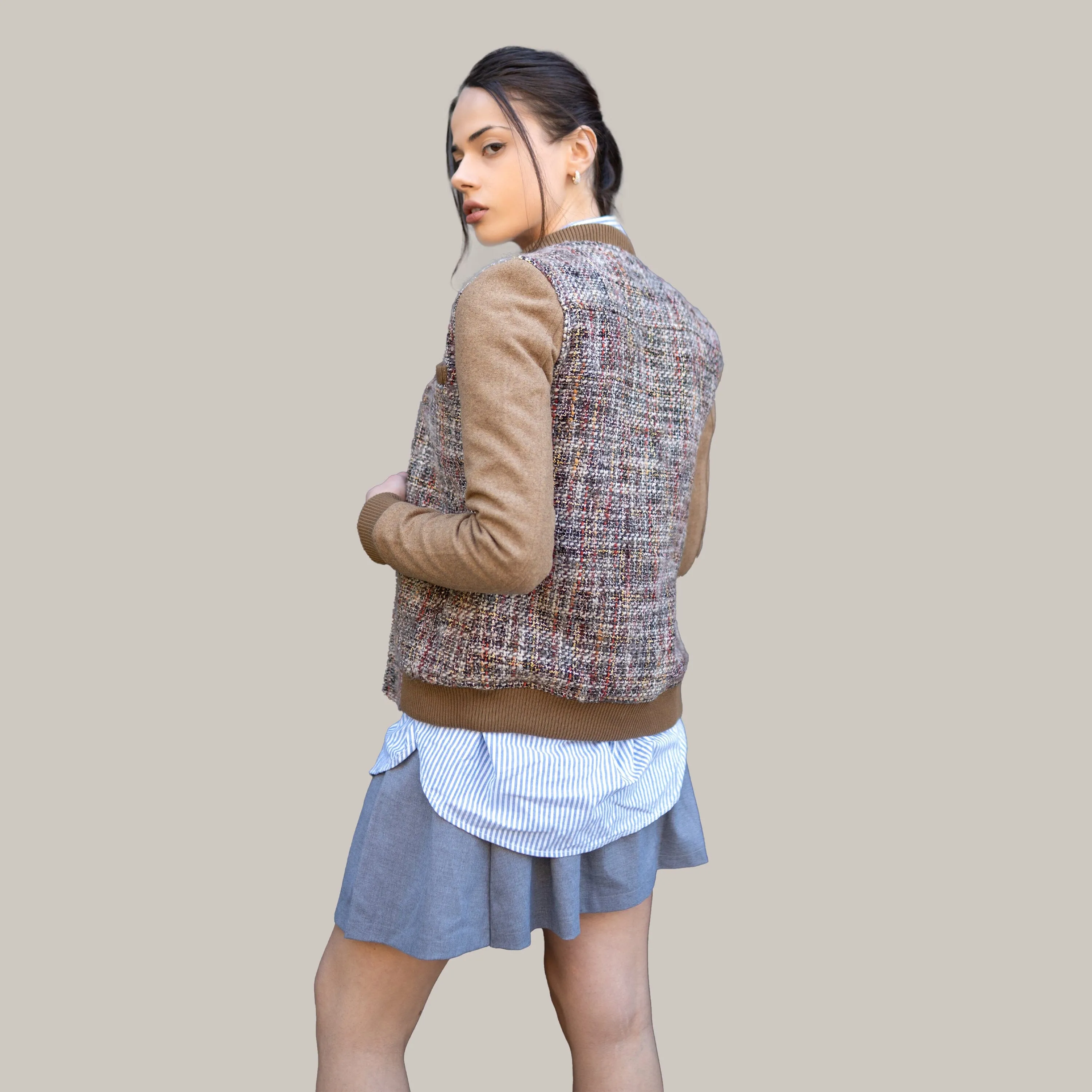 Women's Updated Tweed Varsity Jacket with Contrast Sleeve