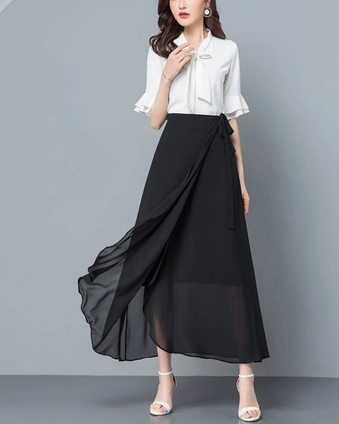 Women's wrap skirt, chiffon midi skirt, A-line skirt, long skirt, high waist skirt, flare skirt, plus size skirt, customized skirt A0014