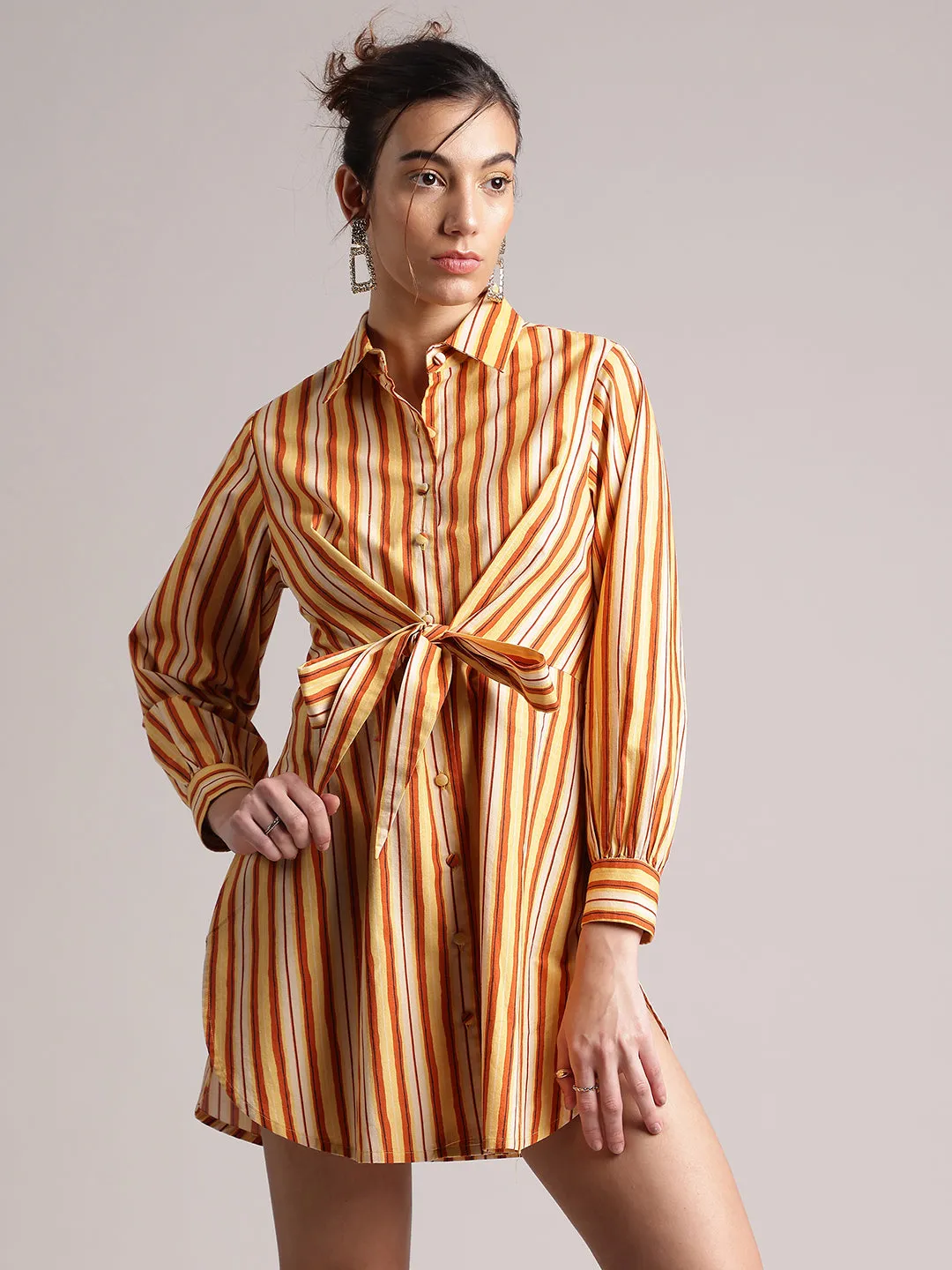 Yellow Cotton Striped Shirt Style Front Tie-Up Dress