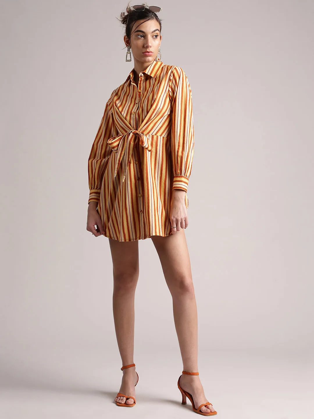 Yellow Cotton Striped Shirt Style Front Tie-Up Dress