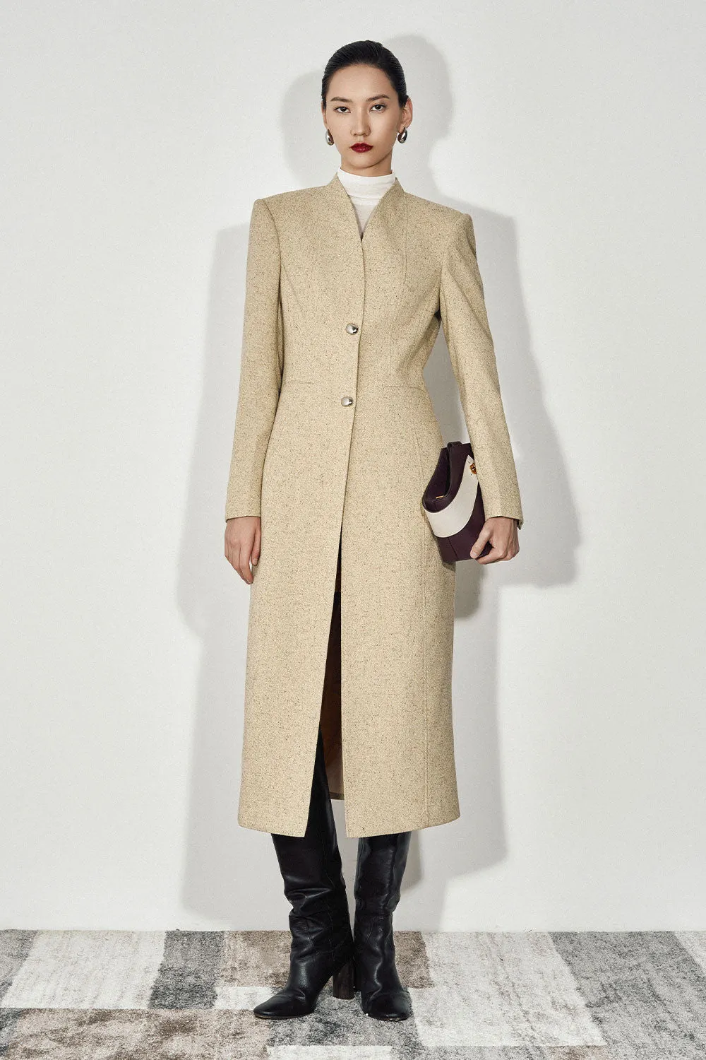 Zahara Straight Square Shoulder Wool Blend Calf Length Trench Coat